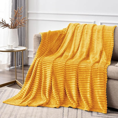 BEDELITE Fleece Throw Blanket for Couch – 3D Ribbed Jacquard Soft and Warm Decorative Fuzzy Blanket – Cozy, Fluffy, Plush Lightweight Mustard Yellow Throw Blankets for Bed, Sofa, 50x70 inches