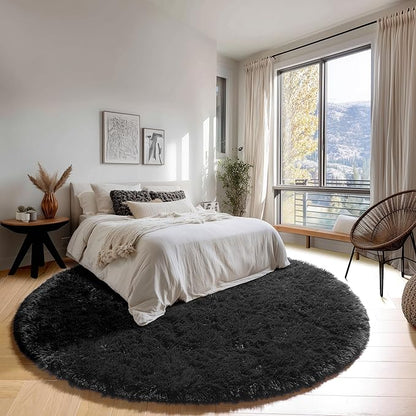 ONASAR Black Round Rugs 7ft for Living Room, Fluffy Bedroom Circle Area Rug, Soft Plush Shaggy Carpet for Kids Girls Boys Teen Nursery Dorm Classroom Playroom Home Decor Aesthetic