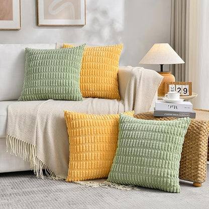 Fancy Homi Set of 4 Spring Boho Decorative Throw Pillow Covers 26x26 Inch for Couch Bed Sofa, Sage Green Yellow Room Decor, Soft Fuzzy Fluffy Cozy Corduroy Textured Cushion Case 66x66cm