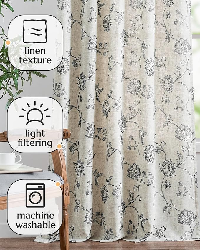 Jinchan Linen Floral Curtains 63 Inch Length for Living Room & Bedroom - Light Filtering Rod Pocket Back Tab Jacobean Curtains Flax Linen Texture Window Drapes Set 2 Panels Black on Linen