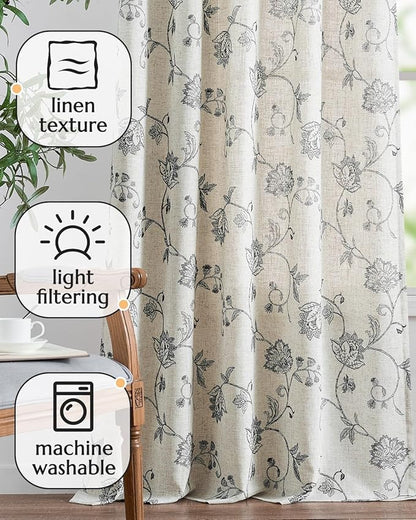 Jinchan Linen Floral Curtains 63 Inch Length for Living Room & Bedroom - Light Filtering Rod Pocket Back Tab Jacobean Curtains Flax Linen Texture Window Drapes Set 2 Panels Black on Linen