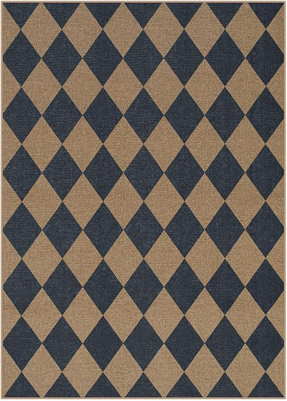 Lahome Colette Checkered Easy Jute Washable Rug, 5x7 Area Rugs for Living Room Nature Large Dining Room Carpet, Farmhouse Geometric Non Slip Indoor Outdoor Carpet for Office Bedroom Backyard Patio