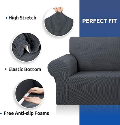 KEKUOU Stretch Sofa Cover Slipcover ，Couch Covers for 3 Cushion Couch Sofa pet Friendly (78"-94") Furniture Protector Sofa with Elastic Bottom for Kids,Dog, Jacquard Small Checked(Large,Charcoal)
