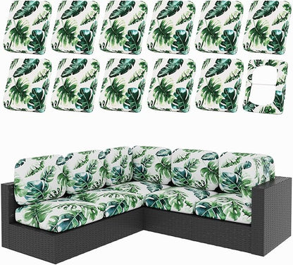 hyha 12Pcs Patio Cushion Covers, Stretch Outdoor Couch Cushion Covers, Washable Outdoor Chair/Sofa Slipcovers for Patio Furniture Cushions Protector with Elastic Bottom(Monstera Deliciosa,Cover Only)