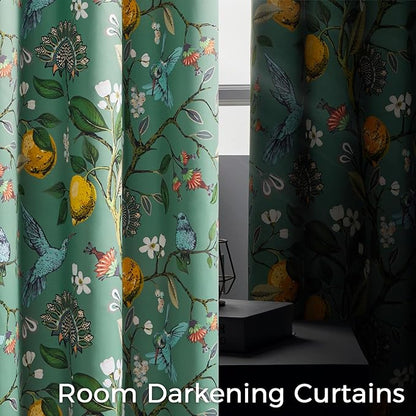 Topfinel 105 Inches Long Sage Green Luxury Curtains for Living Room Bedroom, Blackout Vintage Art Deco Victorian Curtains Floral Lemon Hummingbird Printed Grommet Drape 105 Inch Length