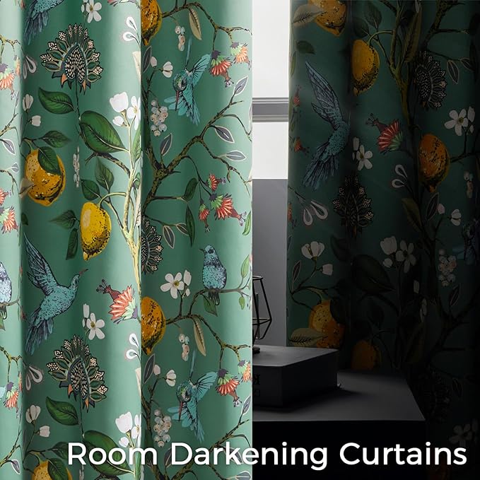 Topfinel 80 Inches Long Custom Sage Green Luxury Curtains for Living Room Bedroom, Blackout Vintage Victorian Curtains Floral Lemon Hummingbird Printed Grommet Drape 80 Inch Length