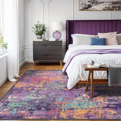 Washable Area Rugs 5'x8' Non-Slip Modern Abstract Soft for Living Room Entryway Bedroom Nursery, Print Pattern, Purple Orange Blue Green Rust Red Colorful