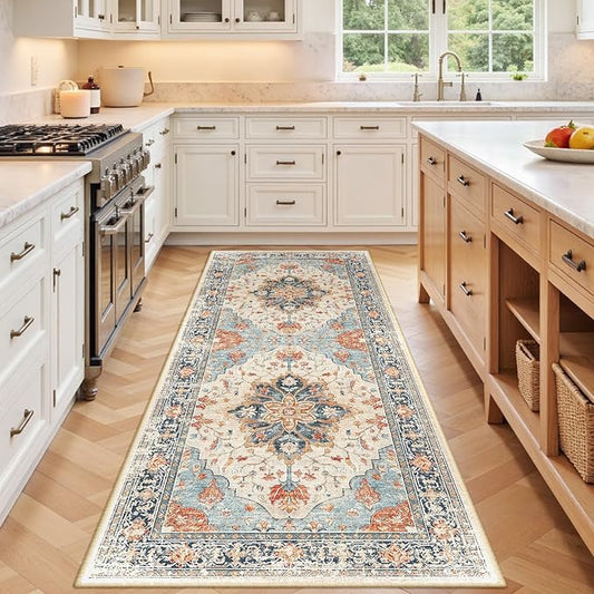 RELEANY Area Rugs 3'x8' Runner Rug Non Slip Washable for Kitchen Hallway Bedroom Beside Laundry Room Bathroom Rug, Floor Carpet, Beige Navy Blue Orange Colorful