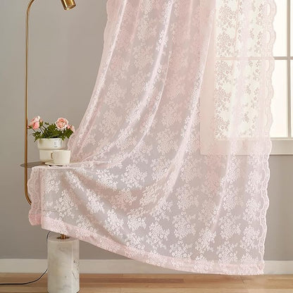 YJ YANJUN Vintage Lace Curtains 108 inches Long 2 Panels Cute Floral Pink Sheer Curtains for Sliding Door Backdrops Romantic Pricess Baby Girl Room Decor Light Filtering 52 x 108 Inch Light Pink