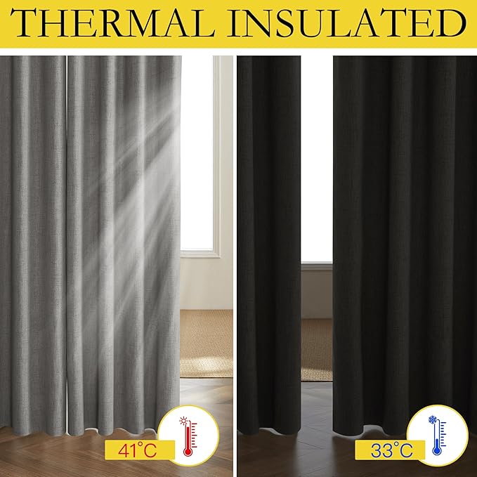 NICETOWN Grizzle Gray Vintage Linen 100% Blackout Curtains for Living Room, Thermal Insulated Curtains 45" Long, Noise Reducing Window Treatment Drapes for Hall Room, 52" Wide Per Panel, Set of 2