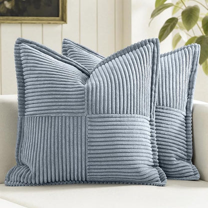 MIULEE Decorative Throw Pillow Covers for Couch Bed Livingroom 16x16 Inch Set of 2 Dustyblue Boho Accent Throw Pllows Broadside Striped Patchwork Soft Corduroy Pillowcases