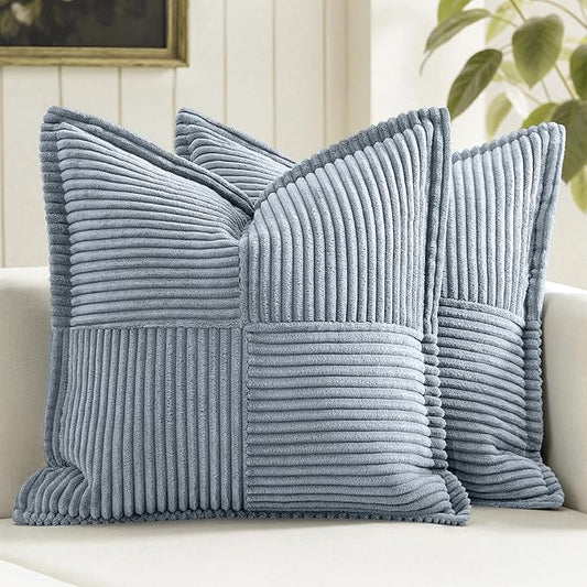 MIULEE Decorative Throw Pillow Covers for Couch Bed Livingroom 16x16 Inch Set of 2 Dustyblue Boho Accent Throw Pllows Broadside Striped Patchwork Soft Corduroy Pillowcases