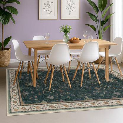 Hazo Haus Vintage Dark Green 6x8 Dining Room Rugs for Under Kitchen Table - Washable Livinig Room Rug - Unique Floral Pastel Low Pile Non-Slip Area Rugs for Bedroom