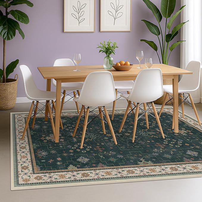 Hazo Haus Vintage Dark Green 6x9 Dining Room Rugs for Under Kitchen Table - Washable Livinig Room Rug - Unique Floral Pastel Low Pile Non-Slip Large Area Rugs for Bedroom