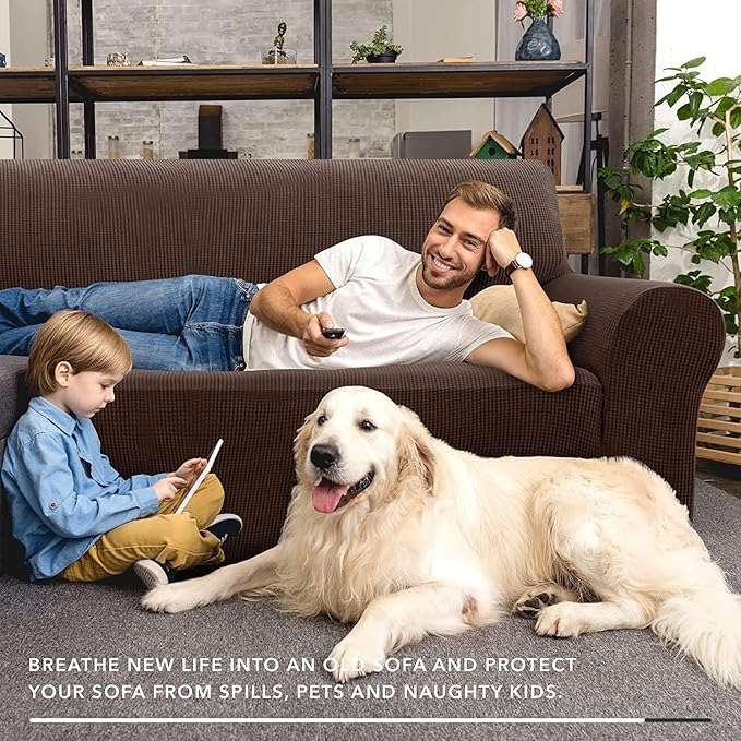 ZNSAYOTX Super Stretch Couch Cover Love Seat Sofa Covers for Living Room Dogs Pet Friendly Furniture Protector Spandex Loveseat Slipcovers with Anti Slip Foam Sticks (Coffee, Loveseat)