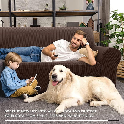 ZNSAYOTX Super Stretch Couch Cover Love Seat Sofa Covers for Living Room Dogs Pet Friendly Furniture Protector Spandex Loveseat Slipcovers with Anti Slip Foam Sticks (Coffee, Loveseat)