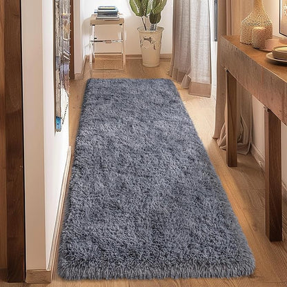Ultra Soft Runner Rugs for Bedroom Hallways with Upgraded Non-Slip Rubber Backing & Thick Memory Sponge, 2 Packs 2x6 Feet Fluffy Shag Throw Area Rug for Bedside Dorm Dark Grey