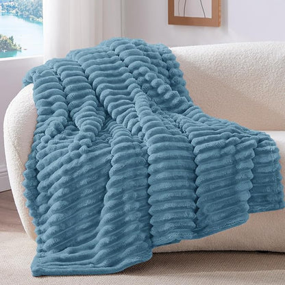 BEDELITE Fleece Blue Throw Blanket for Couch - 300GSM Soft & Warm Fluffy Blue Blanket, Decorative and Giftable Striped Blankets for Women, Men, 50"x60"