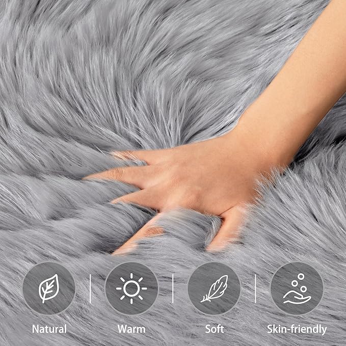 Ciicool Grey Fluffy Round Fur Area Rug for Bedroom, Circle Faux Fur Rugs for Kids Room, Cute Fuzzy Nursery Carpet, Shaggy Circular Rugs Floor Carpets for Teens Girls Rooms Home Decor, 4 x 4 Feet