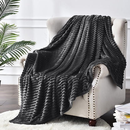 BEDELITE Fleece Throw Blanket for Couch – 3D Ribbed Jacquard Soft and Warm Decorative Fuzzy Blanket – Cozy, Fluffy, Plush Lightweight Black Throw Blankets for Bed, Sofa, 84x90 inches