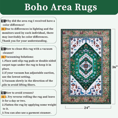 SERISSA Boho Rugs for Entryway, 2x3 Washable Non-Slip Entryway Rug Small Area Rug, Ultra Soft Oriental Vintage Green White Low-Pile Indoor Door Mat Floor Carpet for Entrance Bedroom Kitchen Bathroom