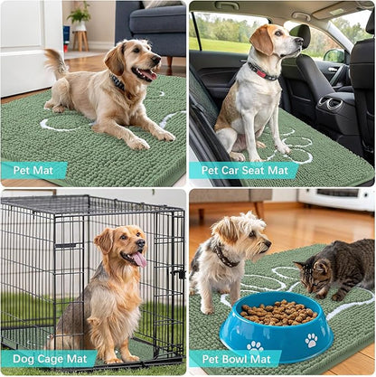 OLANLY Dog Door Mat for Muddy Paws 24x16, Paw Print Design, Absorbs Moisture and Dirt, Non-Slip Washable Doormat, Quick Dry Chenille Mud Mat, Entry Indoor Entryway Carpet, Olive Green and White