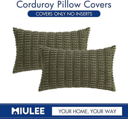 MIULEE Pack of 2 Spring Corduroy Decorative Lumbar Throw Pillow Covers 20x12 Inch Soft Boho Striped Pillow Covers Modern Farmhouse Home Decor for Summer Sofa Living Room Couch Bed Olive Green