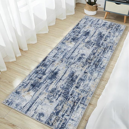 2'6''x8' Runner Rugs Washable Rug: Modern Abstract Hallway Runner Rug Indoor Soft Low Pile Thin Carpet Anti-Skid Non-Shedding Carpets for Kitchen, Entryway, Laundry, Bedroom - Blue Gold