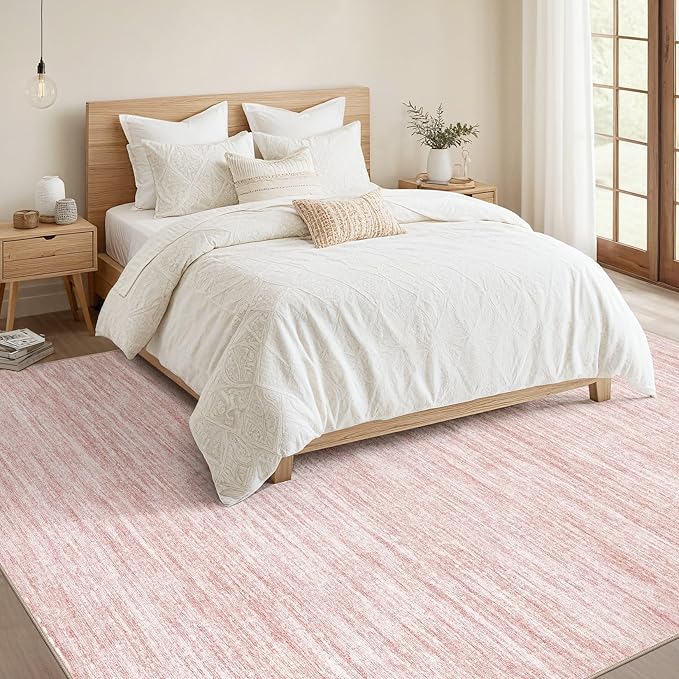 Nakagishi 9x12 Area Rugs Living Room: Washable Large Vintage Rug Neutral Non-Slip Soft Stain Resistant Indoor Carpet for Bedroom Nursery Dining Room Office Playroom - Pink-01
