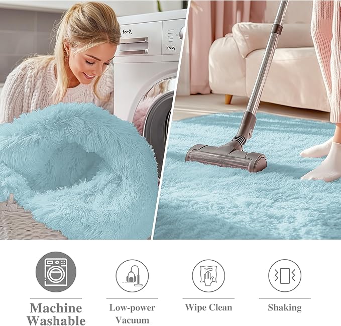 OLANLY Light Blue Round Rugs for Bedroom - Machine Washable, 5 ft Circle Area Rugs for Living Room, Soft and Fluffy Shaggy Carpet for Teen Girl and Boys, Nursery Rooms, Dorms, Home Decor Aesthetic