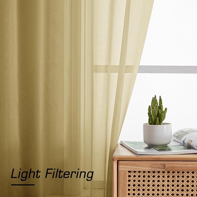 Simplebrand Gold Sheer Curtains 108 Inches Long, Extra Long Rod Pocket Solid Color Window Sheer Curtain Panels, Elegant Curtains & Drapes for Living Room, Bedroom 2 Panels (Gold, 59" W x 108" L)