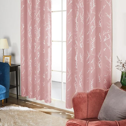 Deconovo Pink Curtains, Blackout Drapes, Thermal Insulated Soundproof Privacy Curtain, Silver Tree Print, 52 x 84 Inch, Machine Washable Window Panels for Girls Bedroom Living Room Nursery, Set of 2