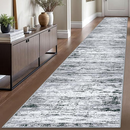 Lansny Modern Abstract Runner Rug 2.6x16, Black Grey White Washable Long Kitchen Runner Non-Slip Soft Hallway Rug Runner Thin Print Faux Wool Carpet for Entryway Bedroom Laundry Room Indoor Home Decor