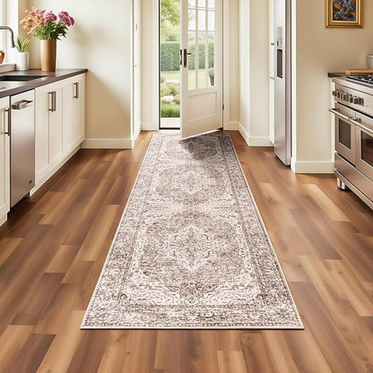 Lofus 2x8 Runner Rug for Hallways, Washable Kitchen Rugs, Non-Slip Rugs for Entryway and Bedroom, Vintage Boho Carpet, Soft Low Pile Long Runner Area Rug, Vintage Beige Brown