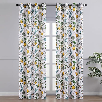 Topfinel 102 Inches Long White Luxury Curtains for Living Room Bedroom, Blackout Vintage Art Deco Victorian Curtains Floral Lemon Hummingbird Printed Grommet Drape 102 Inch Length