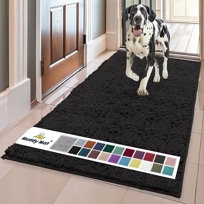 Muddy Mat® | Super Absorbent Door Mat Indoor, Microfiber Quick Dry Chenille Entryway Rug, Non-Slip Front Door Mat, Indoor Mats for Entryway, Machine Washable Pet Rug, Black 36"x72"