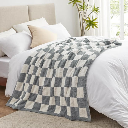 EXQ Home Checkered Throw Blanket, Knitted Blanket with Checkerboard Grid Pattern, Soft Cozy Fluffy Blankets for Couch Bed Sofa, Warm Fuzzy Plaid Blanket for All Seasons(Bluish Grey, 50"×60")