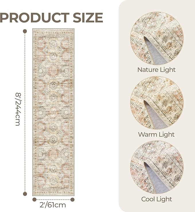 Rug Runners for Hallways Non Slip - 2x8 Runner Rug for Bedroom, Washable Runner with Rubber Backing, Soft Low-Pile Carpet for Kitchen, Laundry, Bathroom (2'x8', Brown/Pink)