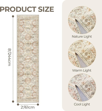 Rug Runners for Hallways Non Slip - 2x8 Runner Rug for Bedroom, Washable Runner with Rubber Backing, Soft Low-Pile Carpet for Kitchen, Laundry, Bathroom (2'x8', Brown/Pink)