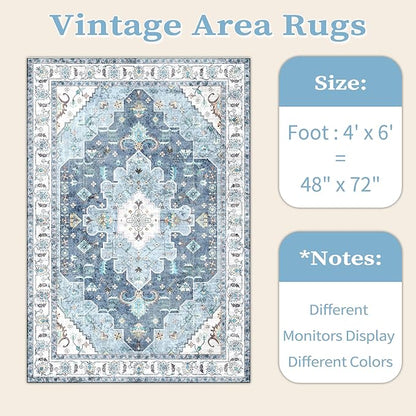SERISSA Area Rug 4x6 Boho Rugs for Bedroom, Vintage Blue Washable Non Slip Rugs, Ultra Soft Print Distressed Low-Pile Throw Rug Carpet for Nursery Dorm Kitchen Living Room Decor
