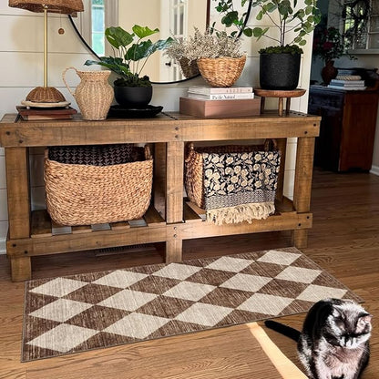 Front Door Mat Indoor Entrance - 2x4.3 Ft Brown Beige Non-Slip Washable Outdoor Porch Rug Doormats Geometric Checkered Diamond Runner Rug for Front Door Kitchen Hallway Bedroom Laundry Room