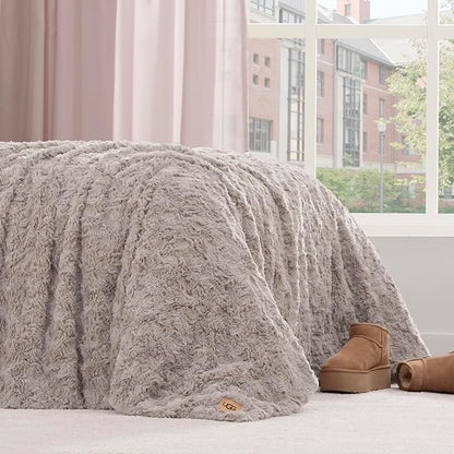 UGG Adalee Faux Fur Twin Size Blanket, Warm Cozy Blanket, Extra Large Throw for Sofa, Washable Bedding for Twin XL Size Bed, Cute Room Decor, 66" x 90", Oyster Brown
