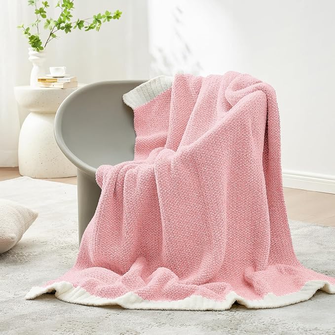 Snuggle Sac Buttery Pink Throw Blanket for Couch, Reversible Super Soft Knitted Blankets, Warm Cozy Knit Fuzzy Plush Lightweight Throws Dupes for Sofa, Bed, Picnic, Pink, 50 x 70 inches