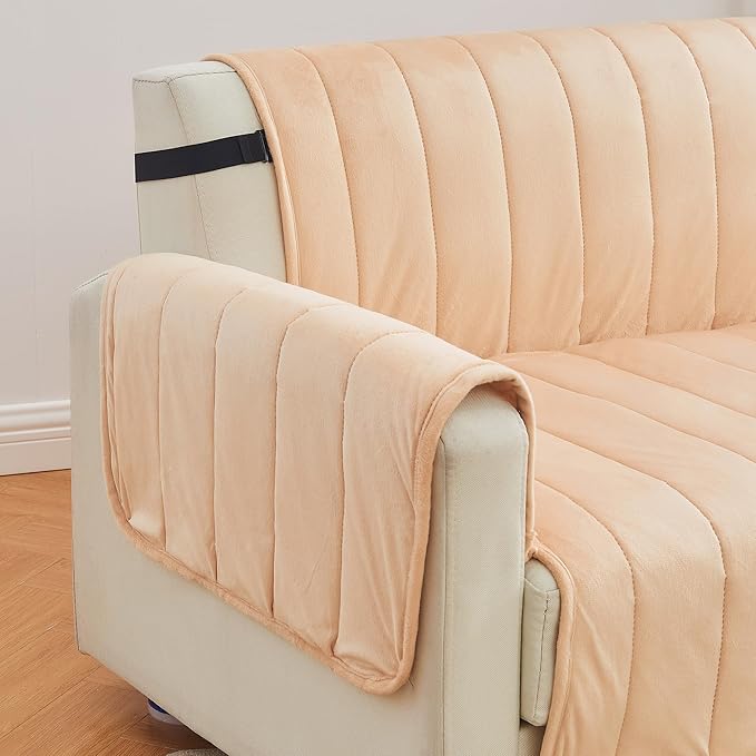 Great Bay Home Velvet Recliner Cover - Washable Slipcover Furniture Protector with Elastic Straps - Furniture Cover for Dogs, Kids, and Pets - Stitched Detail (Peach)