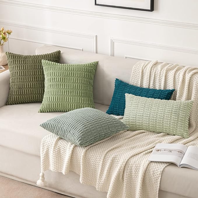MIULEE Pack of 2 Spring Corduroy Decorative Throw Pillow Covers 18x18 Inch Soft Boho Striped Pillow Covers Modern Farmhouse Home Decor for Summer Sofa Living Room Couch Bed Sage Green