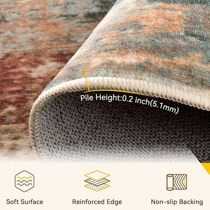 Washable Area Rugs 2'x6' Non-Slip Modern Abstract Soft for Living Room Entryway Bedroom Nursery, Print Pattern, Brown Rust Red Green Blue Multi
