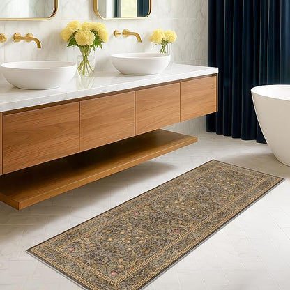 Washable Runner Rug Non Slip 2x6, Gold Brown Runner Rug for Kitchen, Bathroom, Entryway, Hallway, Laundry Room, Bedroom Bedside, Vintage Floral Stain Resistant Soft Low Pile Carpet