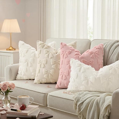 decorUhome Cream White Bow Pillow Covers Set of 2 Coquette Aesthetic Cute Preppy Plush Faux Pillowcases for Girly Bedroom or Couch 16x16 Inch