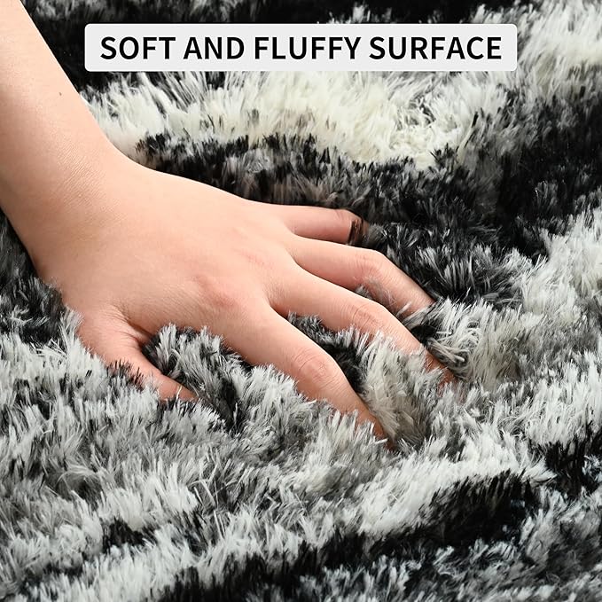 Tepook Fluffy Large Rugs for Living Room, Shag Area Rug 6x9 Soft Carpet for Bedroom, Modern Shaggy Rug for Kids Boys Girls, Plush Indoor Nursery Home Decor Rug with Non-Slip Bottom, Black White