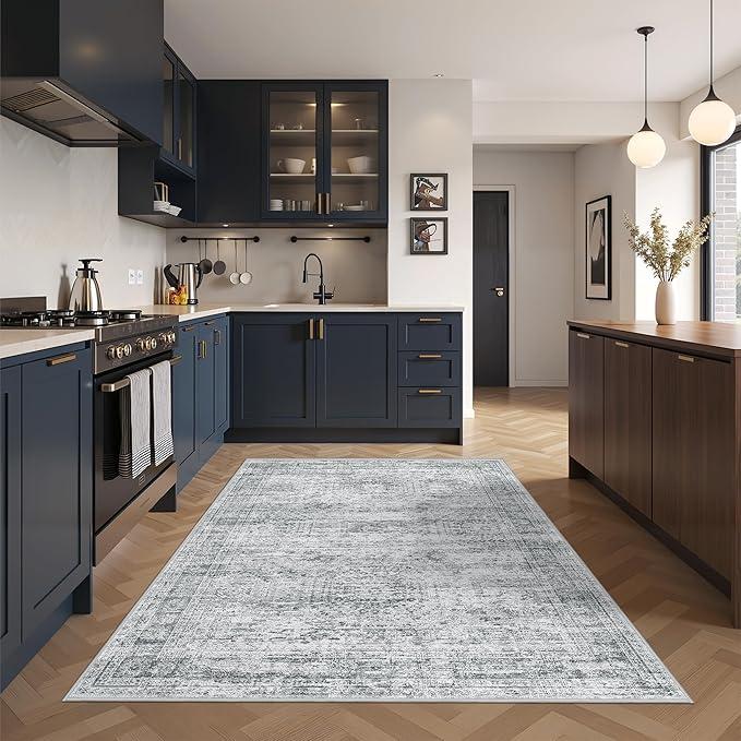 3x5 Washable Area Rug for Entryway, Soft Kitchen Rugs Non Slip for Dining Room, Vintage Abstract Living Room Rug, Thin Area Rugs Indoor for Bedroom, Kids Room Decor(3'x5', Grey/Ivory)
